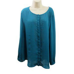 Simply Emma Tunic Top Plus Size 3X Teal Flowy Chiffon Studded Blouse Shirt BOHO